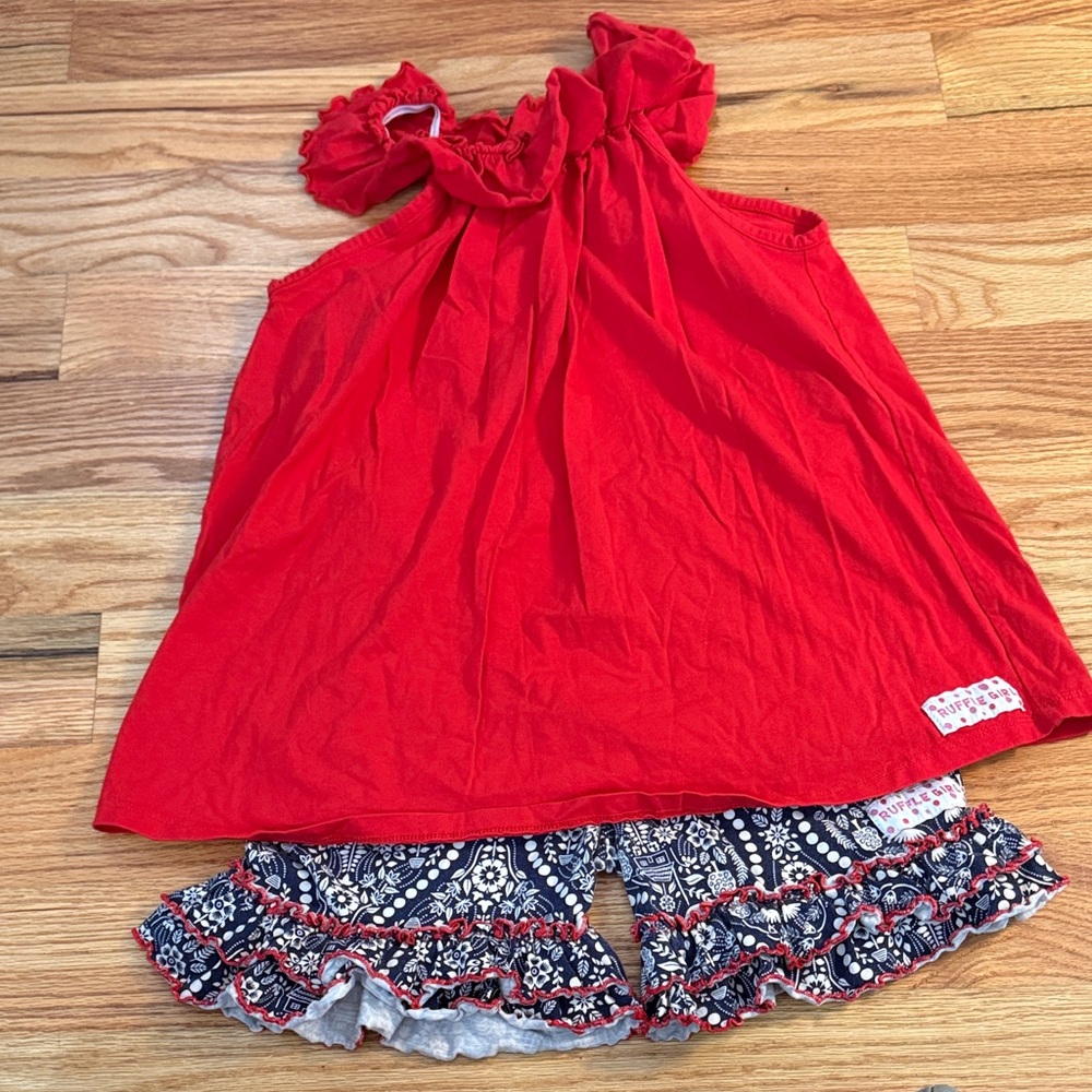 Red Ruffled Top with Patterned Shorts